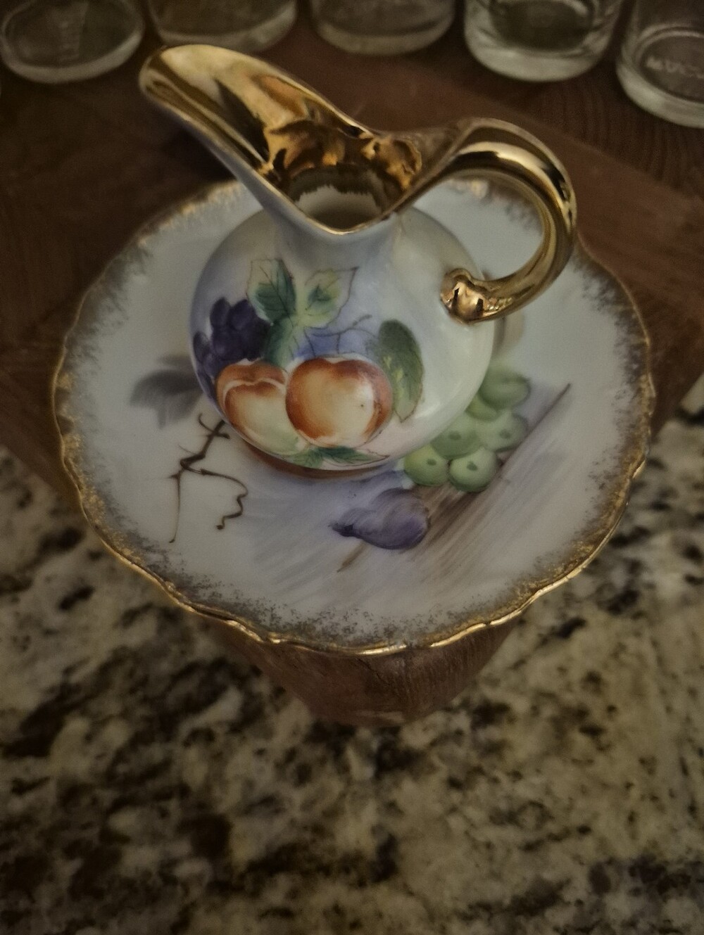 Vintage Ucagco Minature Hand-Painted Porcelain Pitcher and Saucer with Gold Trim